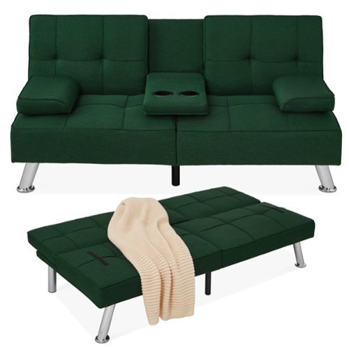 Best Choice Products - Modern Linen Convertible Futon Sofa Bed w/ Removable Armrests, Metal Legs, Cupholders - Dark Green-Front_Standard 