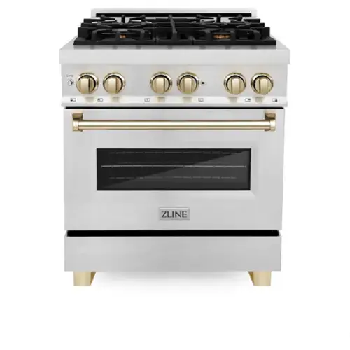 Front. ZLINE - ZLINE Autograph 30 in. Legacy Dual Fuel Range in Satin Steel & Gold Accents (RASZ-SN-30-G) - Stainless steel.