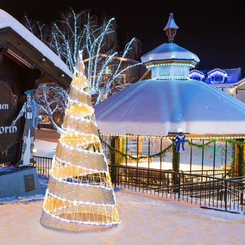 Costway 5FT Pre-lit Christmas Cone Tree with 300 Warm White & 250 Cold White LED Lights - White / Silver