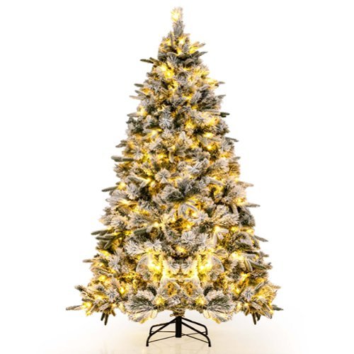Costway - 6 FT Pre-Lit Flocked Christmas Tree Hinged Xmas Decoration with 250 LED Lights - Green/White