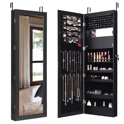 Costway Wall Door Mounted Mirror Jewelry Cabinet Organizer w/LED Lights - Black