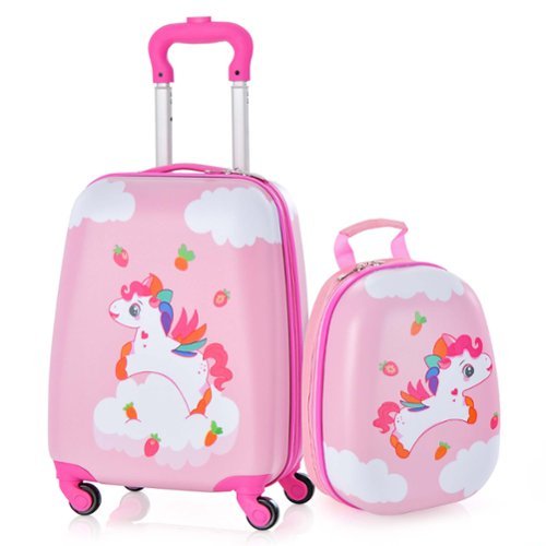 Costway 2PC Kids Carry On Luggage Set 12'' Backpack and 16'' Rolling Suitcase for Travel - Pink/White