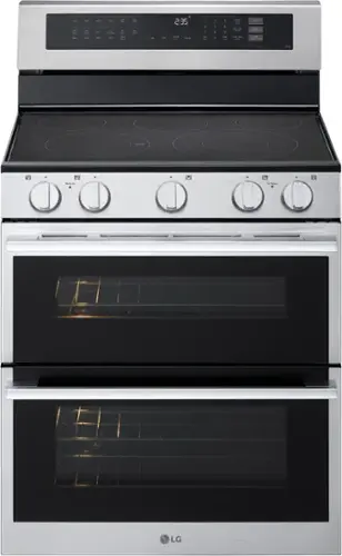 Front. LG - 30-in 7.3 Cu. Ft. Freestanding Double Oven Elec True Convection Smart Range w/ 5 Elements, Air Fry and UltraHeat 3.2 kW - Stainless Steel.