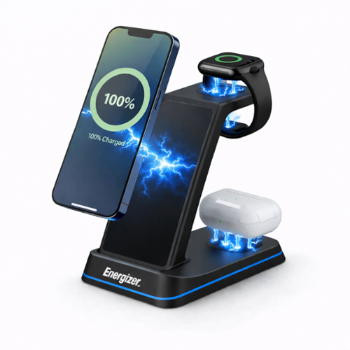 Energizer - 3-in-1 15W Qi Certified Wireless Fast 15W Charger Charging Station/Stand w/ RGB Light for iPhone + AirPods + Apple Watch - Black-Front_Standard 