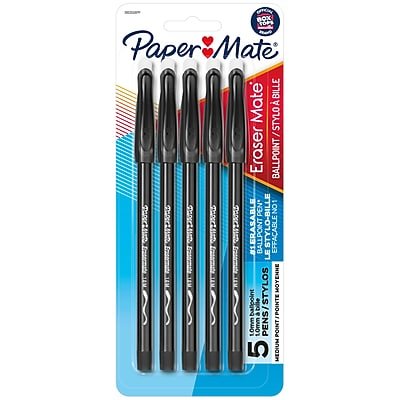 Paper Mate - Eraser Mate Erasable Ballpoint Pen, Medium Point, Black Ink, 5/Pack (3163558PP)