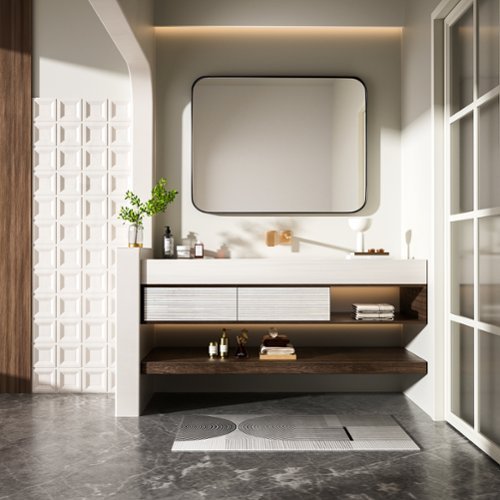 LOVMOR Tempered Glass Rounded Rectangle Framed Wall-Mounted Bathroom Vanity Mirror - 28 x 36 - Black GLOBAL SHIPPING