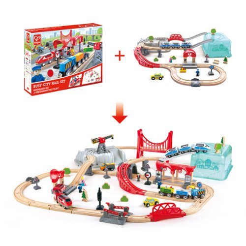 Hape  Wooden City Train Railway Bucket Playset, 48 Pieces GLOBAL SHIPPING
