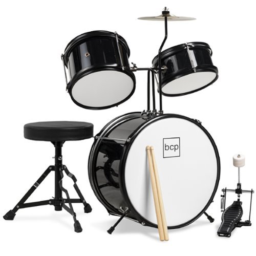 Best Choice Products - Kids Beginner 3-Piece Drum, Musical Instrument Set w/ Sticks, Cushioned Stool, Drum Pedal - Black-Front_Standard 