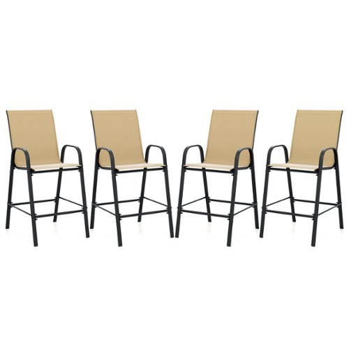 Gymax - 4PCS Outdoor Bar Stools 29'' Fabric Bar Height Stools w/ Armrests & Footrest - Beige-Front_Standard 