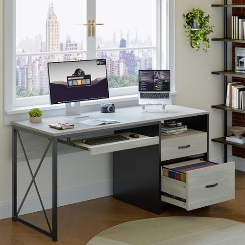 Bestier - 55 inch Executive Office Desk with Drawers, Keyboard Tray & File Cabinet for Home Office - Washed White-Front_Standard 