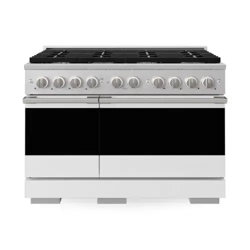 Front. ZLINE - 48 in. 6.7 cu. ft. Marino Freestanding Double Oven Gas Range with 8 Burners and Convection Oven with White Doors - Satin Stainless Steel.