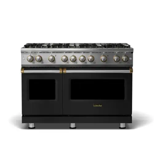Front. Viking - 5-Series 6.1 cu ft Freestanding all Gas Sealed Burner Range - Cast Black with Brushed Brass Accents.