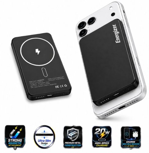  Energizer - 5,000mAh SLIM METAL 20W Magnetic Wireless Qi/Qi2.0/MagSafe PowerBank, Portable Charger, 2 Outputs, LED Display, &amp; USB-C - Black