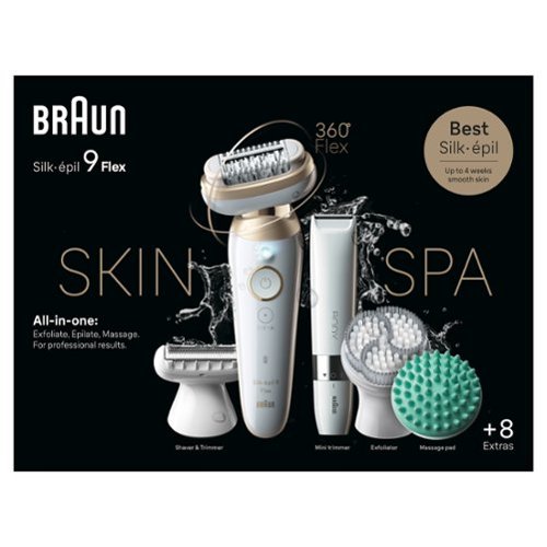 Braun Silk-épil 9 Flex-Pivoting SkinSpa Epilator, Wet/Dry, Shaver Head, Massage Pad, Exfoliation Brush and BodyTrimmer - White/Tinted Gold HOW TO BUY