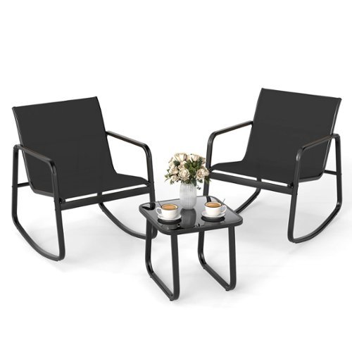 Costway - 3 Piece Patio Rocking Set 2 Rocking Bistro Chairs & Glass-Top Table for Porch - Black-Front_Standard 