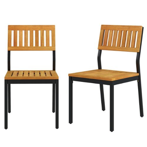 Costway - Dining Chair Set of 2 Modern Patio Chairs/Acacia Wood Backrest, Slanted Seat - Natural + Black-Front_Standard 
