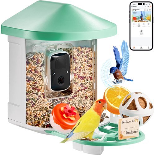 VEVOR - Smart Bird Feeder with Camera, 2K HD AI Identify 10,000+ Bird Species, Solar-Powered Bird Watching Camera - White + Light Green-Front_Standard 
