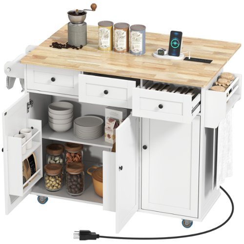 Homcom - Island on Wheels with Drop Leaf, Charging Station, Rolling Kitchen Cart with Wood Top - White-Front_Standard 