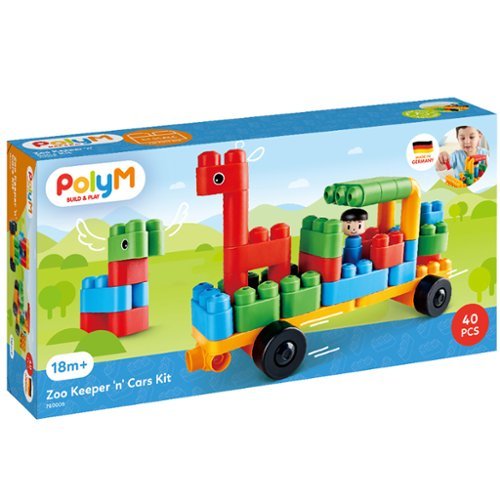 Hape - Hape: PolyM: Zoo Keeper 'n Cars Kit - 40pc Building Blocks Toy Set-18mo+