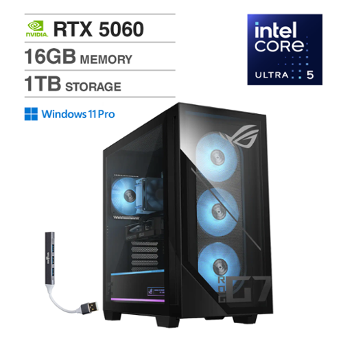 ASUS - ROG G700 Desktop PC (Ultra 5 225F, 16GB, 1TB SSD, GeForce RTX 5060, RGB KB, WiFi 6, Win 11 Pro) w/USB Hub - Black-Front_Standard 