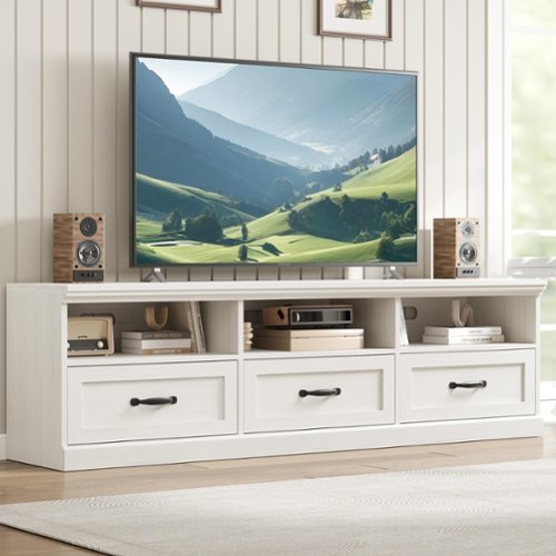 Babevy - 70" Mid Century Modern TV Stand for TVs up to 80", Storage Drawers, Open Shelves, Media Console Cabinet - White-Front_Standard 