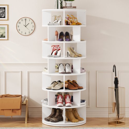 Aheaplus - 7-Tier 360° Rotating Shoe Rack Tower - Vertical MDF Organizer for Closet Storage, Free-Standing Lazy Susan Display - White-Front_Standard 