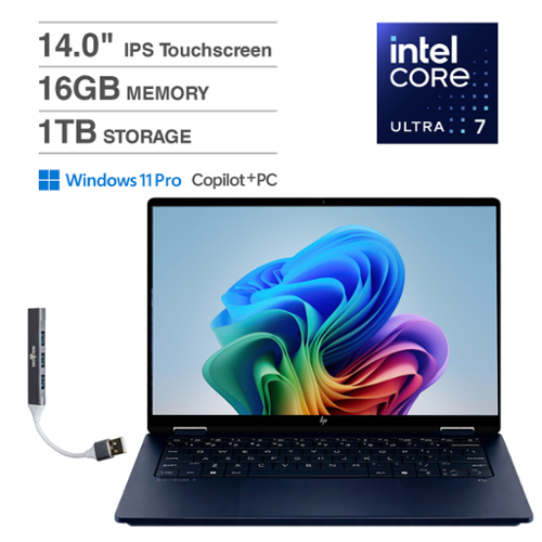 HP - OmniBook X Flip 2-in-1 2-in-1 Laptop 14.0 WUXGA (Intel Ultra 7-256V, 16GB LPDDR5X, 1TB SSD, Win 11 Pro) w/USB Hub - Atmospheric Blue-Front_Standard 