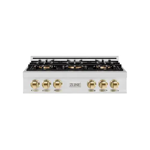 Front. ZLINE - ZLINE Autograph 36 in. Satin Steel Classic Rangetop with 6 DuoPro Burners and Gold Accents (PCRTSZ-36-G) - Satin Stainless Steel.
