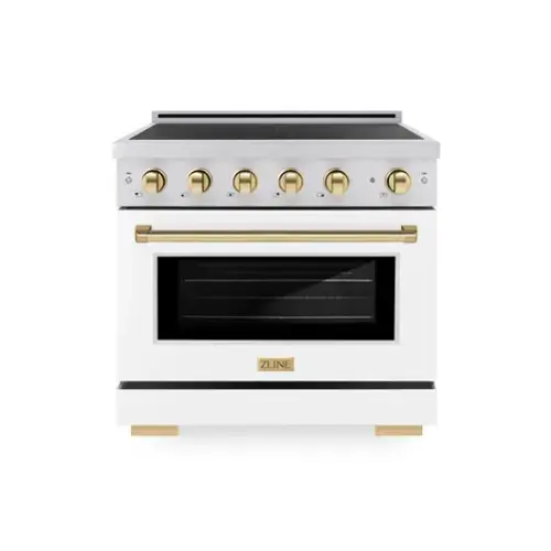 Front. ZLINE - Autograph 36 in. 5.2 cu. ft. Paramount Freestanding Induction Range in Satin Steel with Gold Accents & White Door - Matte White.