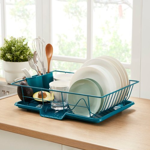 Sweet Home Collection - Steel 3-Piece Large Countertop Dish Drainer with Drain Board & Utensil Holder - Teal-Front_Standard 