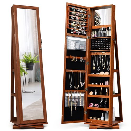 Costway 360degree Rotatable Jewelry Cabinet 2-in-1 Lockable Mirrored Organizer - Brown