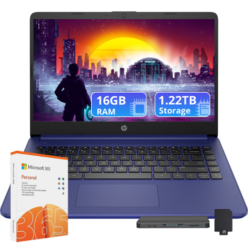 HP - Stream 14" HD Laptop, Intel Celeron N4120, 16GB RAM, 64GB eMMC,Win 11 S,160GB Docking Station - Blue-Front_Standard 