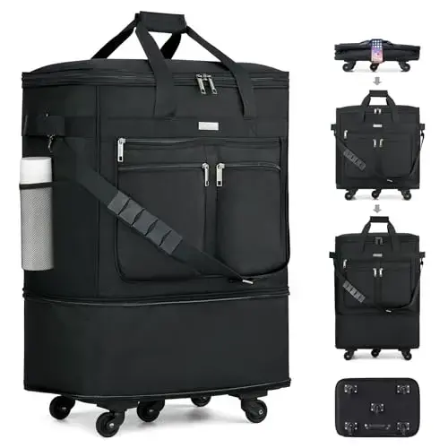 Front. Vulpecula Spade - Expandable Luggage Bags for Travel Foldable Suitcase with Wheels Collapsible Rolling Travel Duffle Bag Lightweight Large - Black.