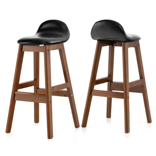 Costway Set of 2 Upholstered PU Leather Barstools 27.5" Wooden Dining Chairs - Black + Brown