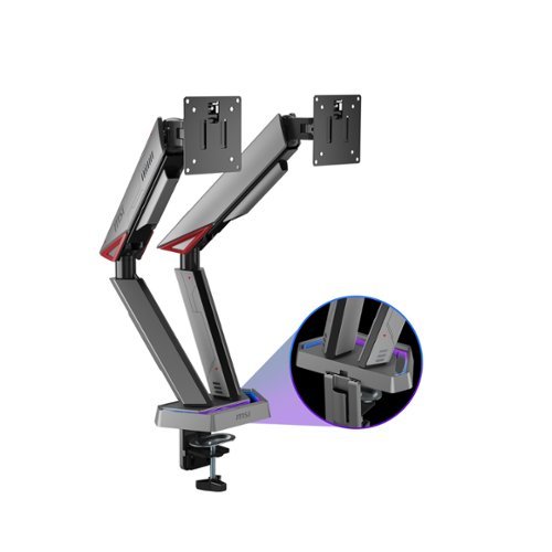 MSI - MPGMT161DR Dual RGB Monitor Arm–Adjustable Spring Desk Mount, VESA Compatible,17–38in,35 lbs per Screen,Clamp & Grommet - Iron Gray-Front_Standard 