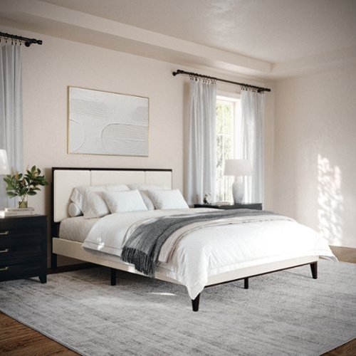 Martha Stewart - Jett Wooden Queen Size Platform Bed with Upholstered Inset Headboard-Dark Brown/Beige - Beige Fabric/Dark Brown Frame
