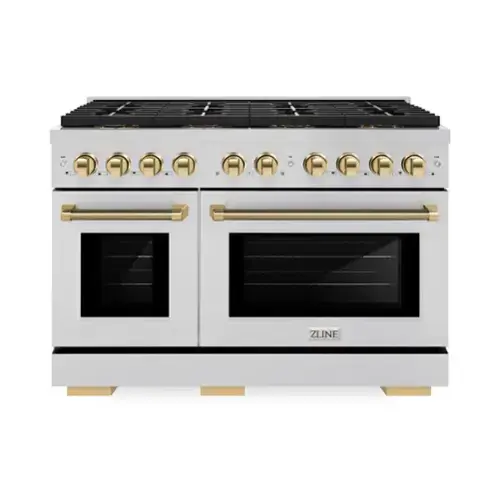 Front. ZLINE - ZLINE Autograph 48 in. 6.7 Cu. Ft. Freestanding Paramount DuoPro Gas Range in Stainless Steel with Gold Helix Handles - Stainless Steel.