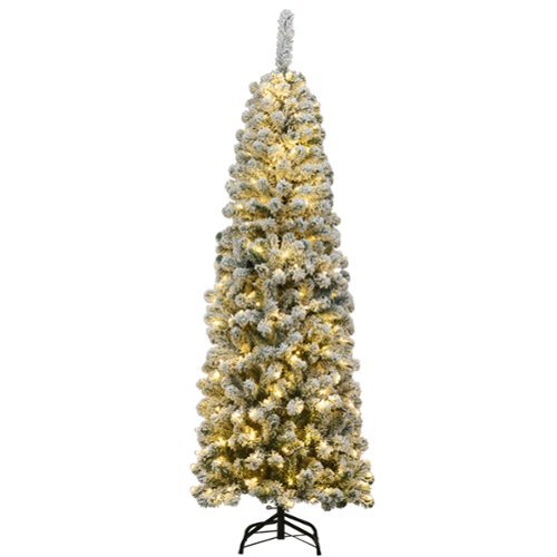 Costway - 6Ft Pre-lit Snow Flocked Artificial Pencil Christmas Pine Tree w/ 250 LED Lights - Green/White