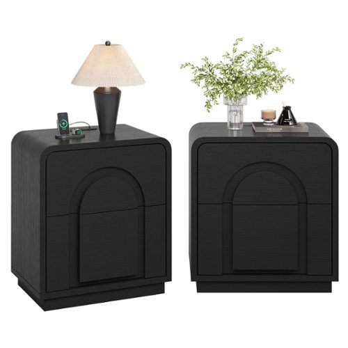 Bestier - Nightstand with 2 Drawers, Charging Station & Arched Design, Embossed Bedroom End Table for Bedroom - Set of 2-Black Grained-Front_Standard 