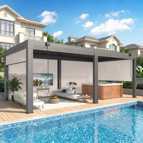 U-HOMY - 10'x20' Outdoor Louvered Pergola - Features Adjustable Aluminum Roof & Drop-Down Curtains - Dark Gray-Front_Standard 