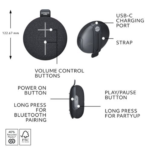 Ultimate Ears MINIROLL Ultra-Portable Waterproof Bluetooth Speaker with 131 ft Range - Gentle Black BUY ONLINE