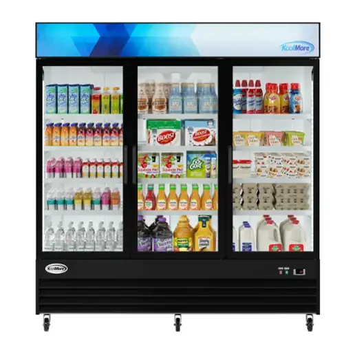 The image shows a refrigerator filled with various drinks and food items. The refrigerator is stocked with a variety of bottles, including juice, milk, and other beverages. There are also several bottles of water, with some placed in the middle and others towards the top of the refrigerator. Additionally, there are a few bottles of soda, with one located near the top left corner and another near the top right corner. The refrigerator is well-stocked and offers a wide selection of drinks for customers to choose from.