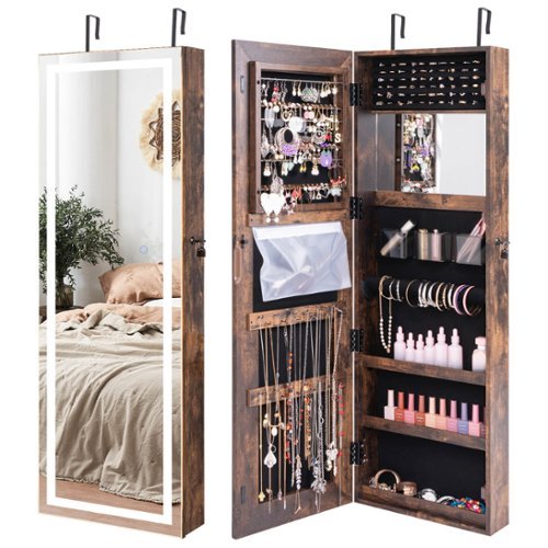 Costway LED Mirror Jewelry Cabinet Wall/Door Mounted  47" Armoire 3 Color Coffee - Brown