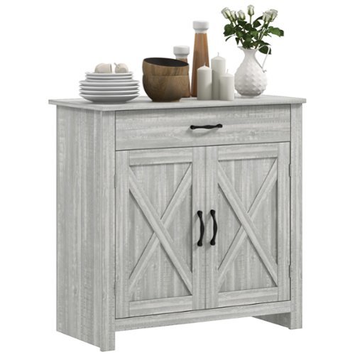 Homcom - Farmhouse Sideboard Buffet Cabinet, Barn Door Coffee Bar Cabinet with Drawer and Adjustable Shelf for Living Room - Stone Gray-Front_Standard 