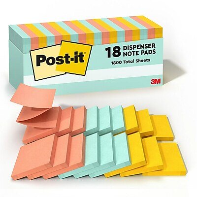 Post-it - Pop-up Sticky Notes, 3" x 3", Beachside Café Collection, 100 Sheets/Pad, 18 Pads/Pack (MMMR33018APCP) - Assorted