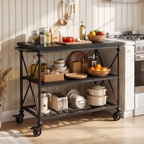 Aheaplus - 3-Tier Wood & Metal Rolling Kitchen Cart with Pipe-Leg Design, Lockable Wheels & Storage Shelves for Kitchen & Dining - Black-Front_Standard 