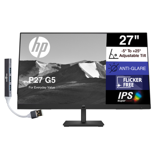 HP - 27" FHD Monitor with 250 nits Brightness, Anti-Glare, Flicker Free, VESA Mount (100mm), VGA, HDMI & DKZ Hub - Black-Front_Standard 
