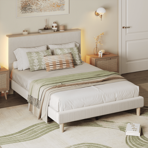 Bestier Twin Size Upholstered Platform Bed Frame with LED Lighting and Adjustable Storage Headboard for Bedroom - Beige