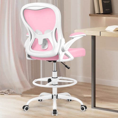 Brick Attic - Drafting Chair, Tall Office Chair Ergonomic Desk Chair, Task Rolling Chair with Adjustable Flip-up Armrests Foot Ring - Pink-Front_Standard 