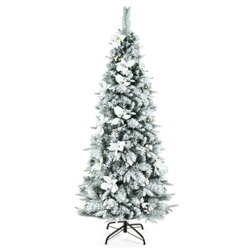 Costway - Snow Flocked Christmas Pencil Tree w/ Berries & Poinsettia Flowers - Green/White